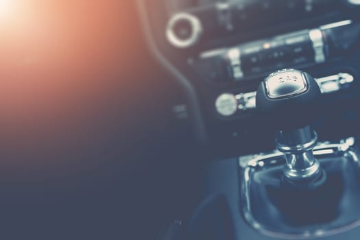 Driving and Cars Background Concept with Copy Space. Modern Car Interior with Manual Transmission Stick Shift.