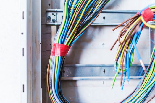 Unfinished Electric Box with Cables. Electric Works Concept Photo.