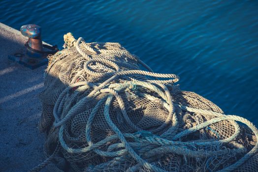 Fishing Nets Closeup. Nets in the Fishing Village Marina.