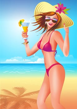 Girl with Drink in a Hand on the Sandy Tropical Beach Illustration.