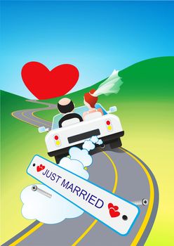 Honeymoon Trip Comic Illustration. Just Married Couples on the Road Trip.