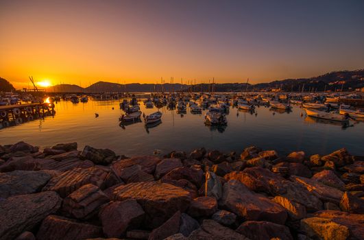 Italian Riviera Marina at Sunset. Lerici, italy. Boats and Yachts in the City Marina.