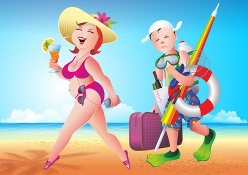 Married Couples on the Beach. Happy Wife and Not So Happy Husband with All Beach Stuff in Hands. Marriage Comic Concept Illustration.