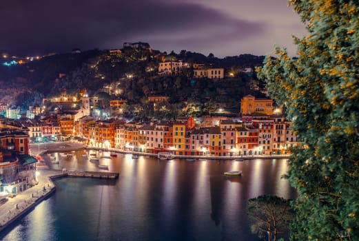 Portofino Italian Riviera at Night. Portofino Fishing Village in Italy.