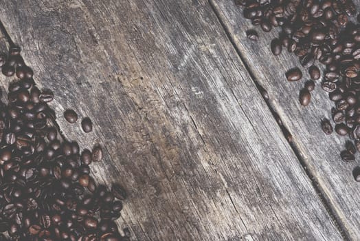 Vintage Coffee Photo Background. Coffee Beans on the Reclaimed Wood Table.