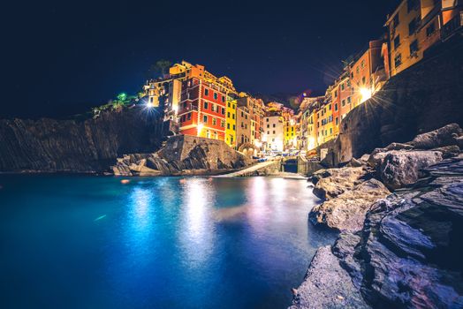 Riomaggiore Night Scene. Italian Riviera, Liguira, Italy. Italian Architecture at Night