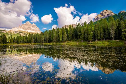 Scenic Lake and Mountains. Italian Dolomite Mountains near Misurina.