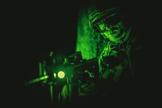 Soldier Night Vision Spotting. Military Concept. Operation at Night.