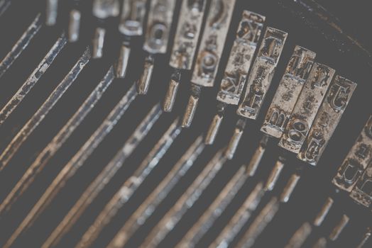 Typewriter Metal Types Photo Background. Typing Elements Macro Photo.
