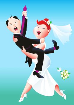 Wedding and Marriage Concept Comic Illustration. Bride Carrying with Future Husband on Her Hands.