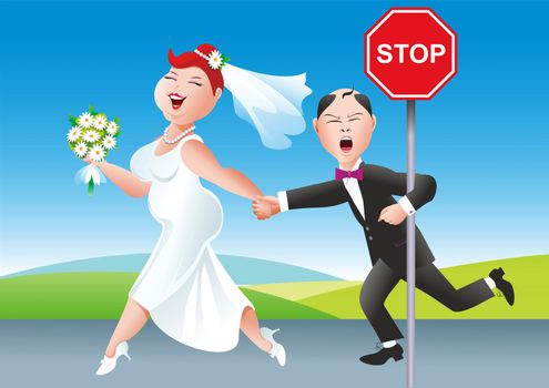 Wedding Day Comic Illustration. Happy Wife Pulling Unhappy Future Husband to Church. 