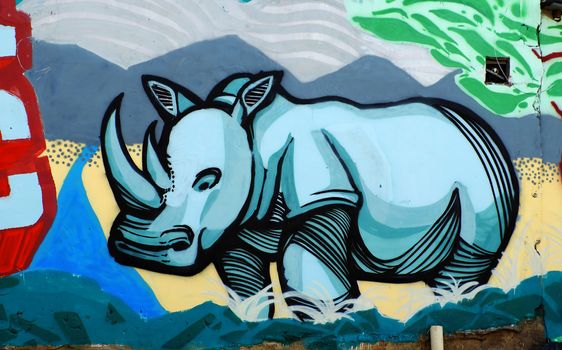 HO CHI MINH CITY, VIET NAM- MARCH 23, 2017: Propaganda campaign to Vietnamese don't use Rhino horn by graffiti art, Rhinoceros painting on wall, message people protect animal, meaningful street art