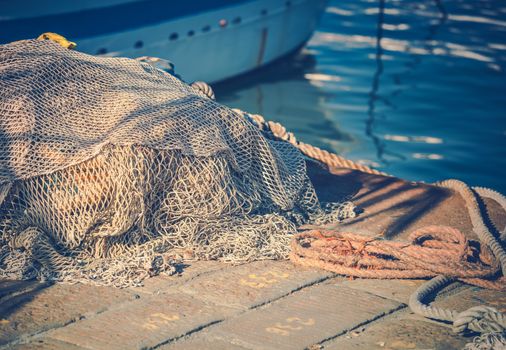 Fishing Nets in the Marina Closeup Photo. Fishing Industry.