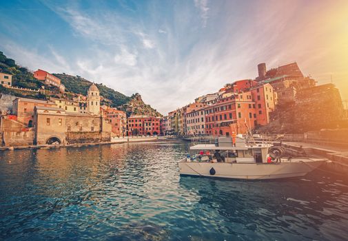 Fishing Village Vernazza. Part of Mediterranean Sea Italian Riviera. Vernazza is Located in Northern Italy in Liguria Region.