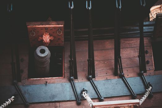 Wooden Spanish Galleon and the Iron Cannon Closeup.

