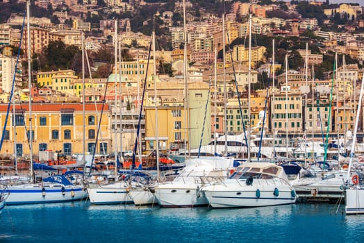 Genoa Seaport Yachts and Cityscape. Genoa Capital of Liguria, Italy, Europe.