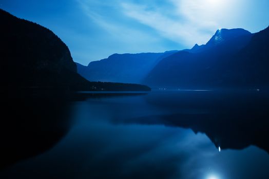 Hallstatter See, Hallstatt Austria, Europe. Hallstatter Lake Moon Reflections at Night.