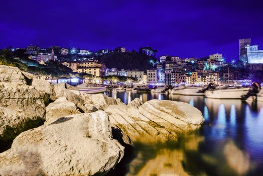 Lerici Marina at Night. Lerici Bay. Italian Riviera. Gulf of La Spezia, Liguria Italy.