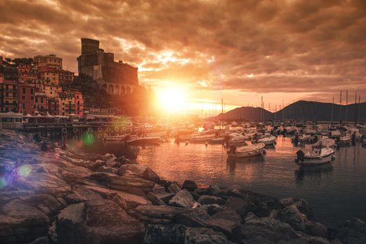 Castello di San Giorgio. Lerici Castle on the Rock Along with Lerici Cityscape. La Spezia Province. Italian Riviera.