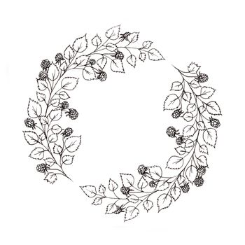 Wreath with leaves and berries of raspberries. Used for wedding invitation, greeting cards