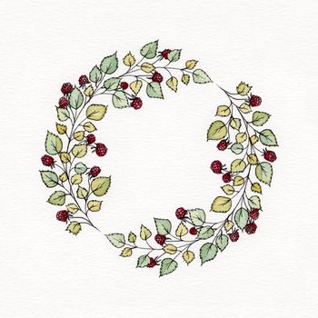 Watercolor wreath with leaves and berries of raspberries. Used for wedding invitation, greeting cards