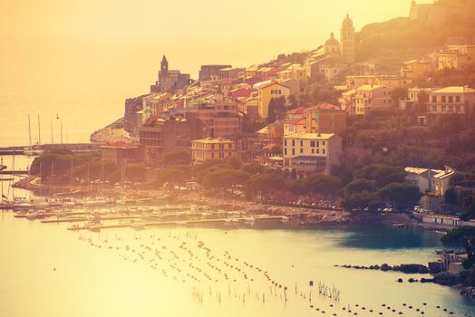 Famous Italian Riviera Portovenere at Sunset. Porto Venere La Spezia, Liguria, Italy. Part of The Cinque Terre.