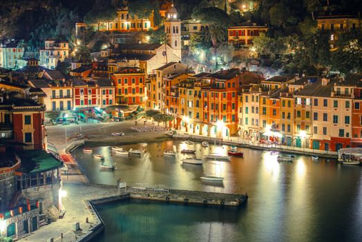 Portofino Harbour at Night. Portofino is Located in the Metropolitan City of Genoa on the Italian Riviera. 
