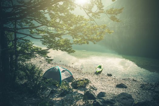 Scenic Lake Camping with Kayaking. Summer Lake Scenery.