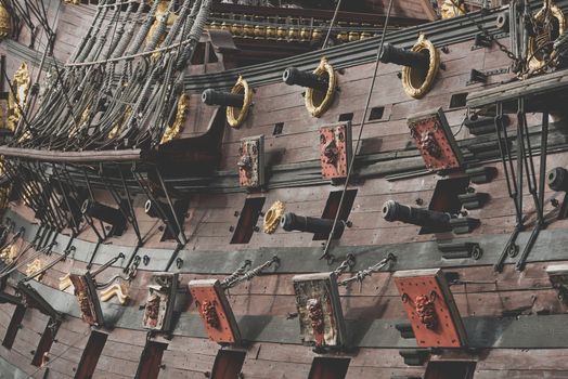 17th Century Spanish Galleon Cannons Closeup Photo. Vintage Vessel