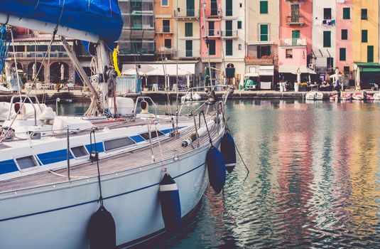 Yacht in Porto Venere Marina in Italy. Mediterranean Sea Yachting Theme.