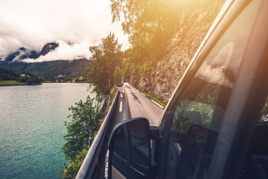 Driving Motohome Through Narrow Norwegian Road. Rving in the Norway.