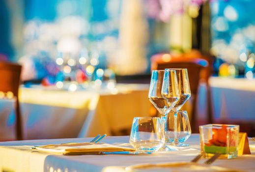 Elegant Restaurant Table Ready For First Customers. Elegant Dinning Concept.