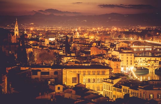Florence After Sunset. Dusk in Florence, Italy. Beautiful Golden Illuminations of the Cityscape.