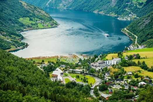 Geiranger Summer Time Panorama, Norway. Geiranger is a Small Tourist Village in Sunnmore Region of More og Romsdal County in the Norway.