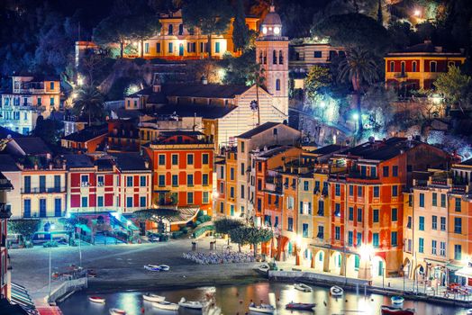 Night in the Village of Portofino in Italian Riviera. Famous Portofino Marina and the Cityscape at Night.