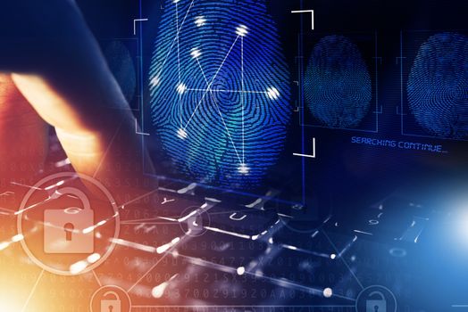 Online Security Check and Privacy Concept. Fingerprint and Computer Police Database Scan. Person Screening.