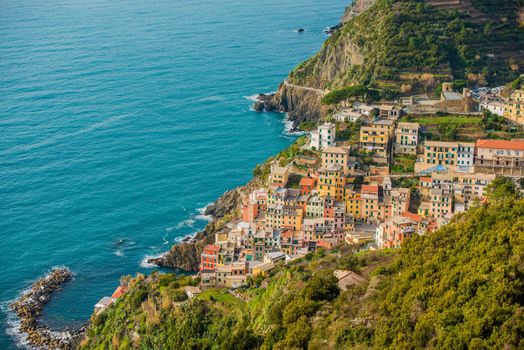 Riomaggiore Ligura Italy. Village of Riomaggiore Panorama. Liguria Mediterranean Sea Landscape.