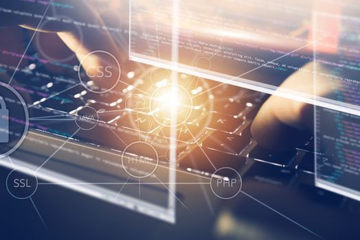 Web Design Programming Business Concept. Outsourcing Programming and Coding on the Laptop Workstation. 
