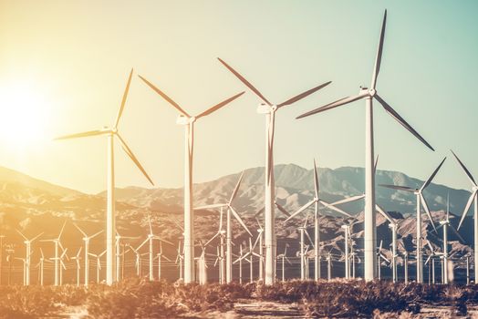 California Wind Turbines Mountain Desert Landscape. Wind Turbines Technology