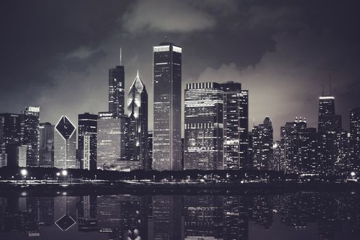 Chicago Night Time Skyline Photo with Michigan Lake Reflection. Chicago, Illinois.