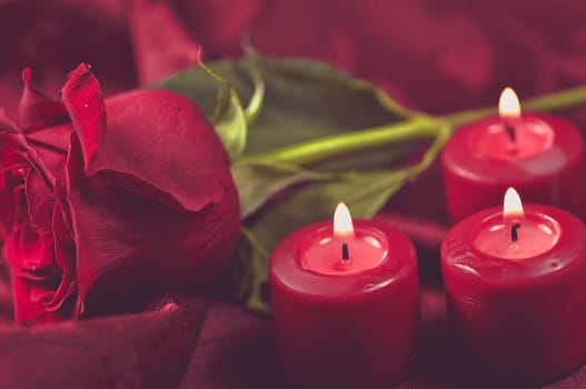 Romantic Rose and Candles Setup. Valentines Day Theme.
