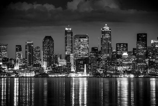 Seattle Night in Black and White. Seattle Skyline Panorama During Night Hours. 