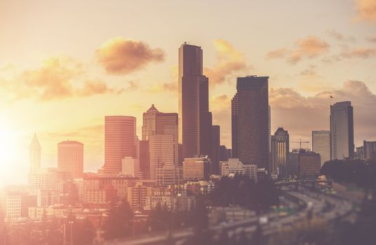 Sunny Summer in the City of Seattle, Washington USA. Sunny Warm Color Grading. Seattle Skyline During Sunset.