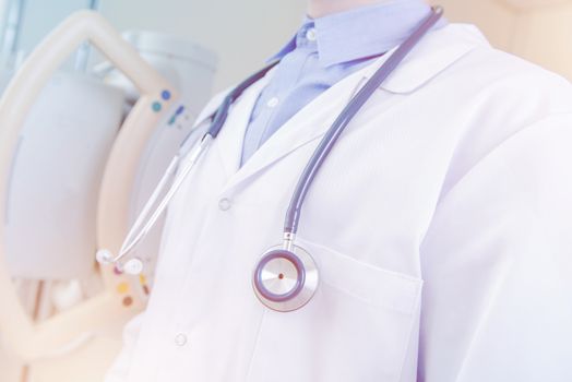 Doctor Uniform and Stethoscope Closeup. Doctors Office.
