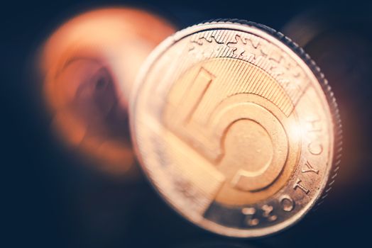 Five Polish Zloty Closeup. Polish Zloty Coin Ultra Closeup.