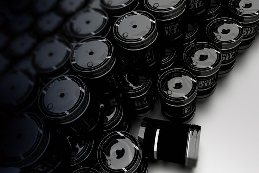 Pile of Black Crude Oil Barrels 3D Rendered Illustration. Oil Trading Concept.
