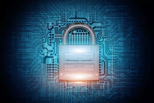 Safe Network Padlock Concept 3D Rendered Illustration. Shiny Metallic Padlock on the Circuit Board Background. Secured Network Conceptual Illustration.