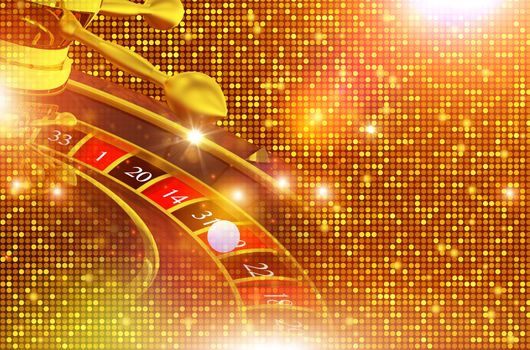Shiny Golden Roulette Backdrop Illustration with 3D Rendered Elements. Blinking Casino Background.