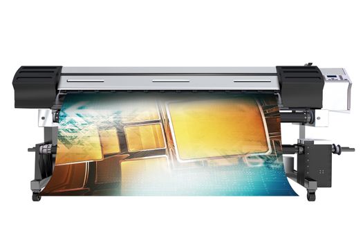 Wide Format Printing Concept. Solvent Grand Format Printer 3D Illustration Isolated on White.
