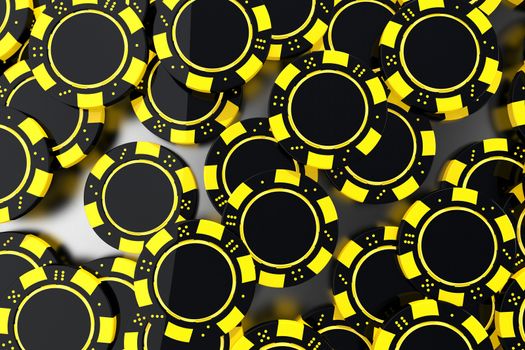 Yellow Black Casino Chips Closeup. 3D Render Illustration. Casino Chips and Gambling Concept.